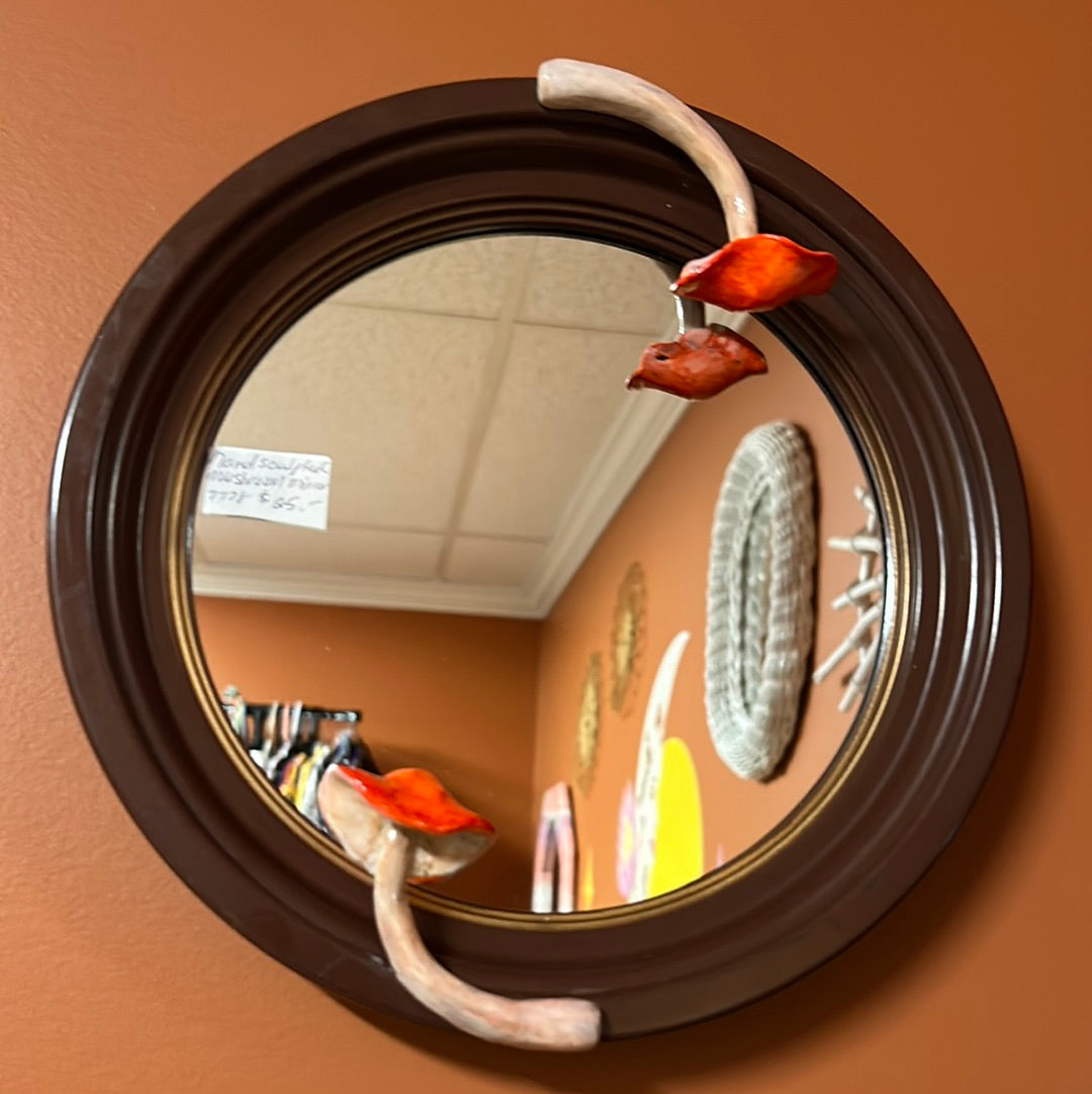 Vintage mirror with hand sculpted mushrooms