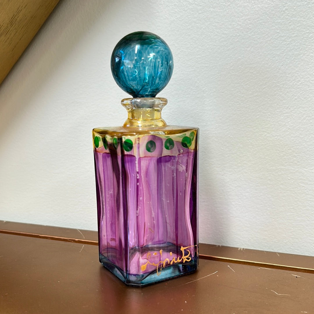 Hand painted art glass bottle with glass stopper