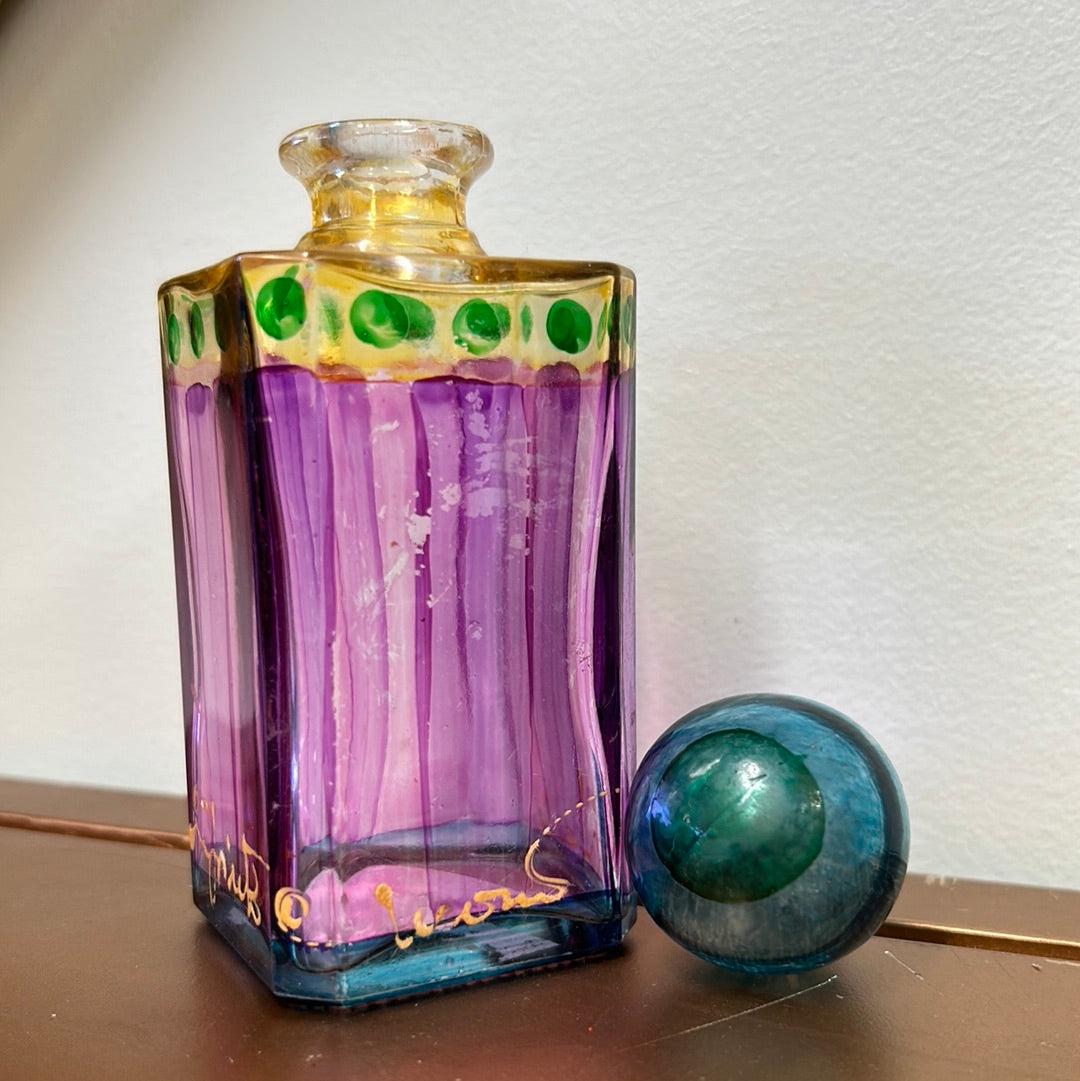 Hand painted art glass bottle with glass stopper