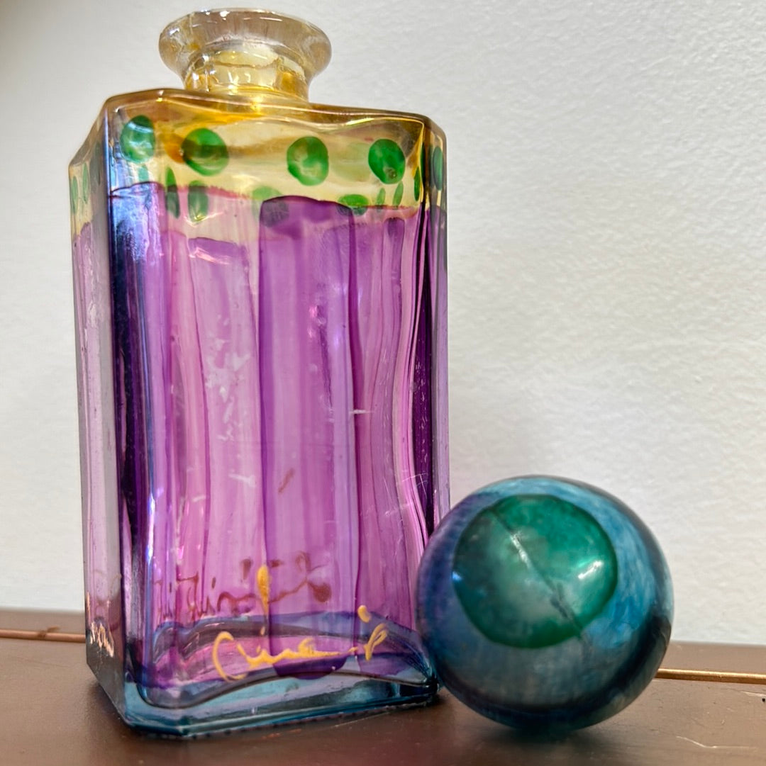 Hand painted art glass bottle with glass stopper