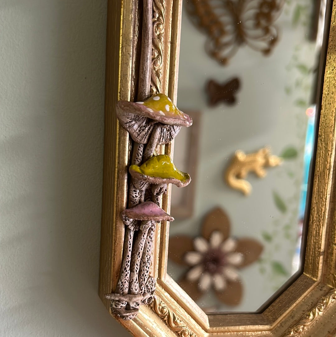 Vintage mirror with hand sculpted mushrooms!