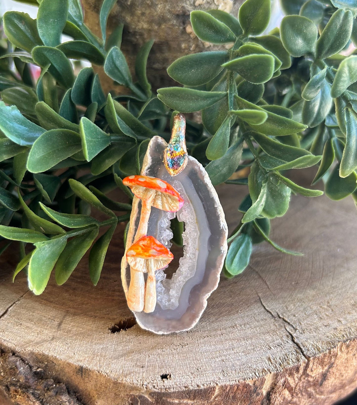 Hand sculpted mushroom/ natural geode slice pendant