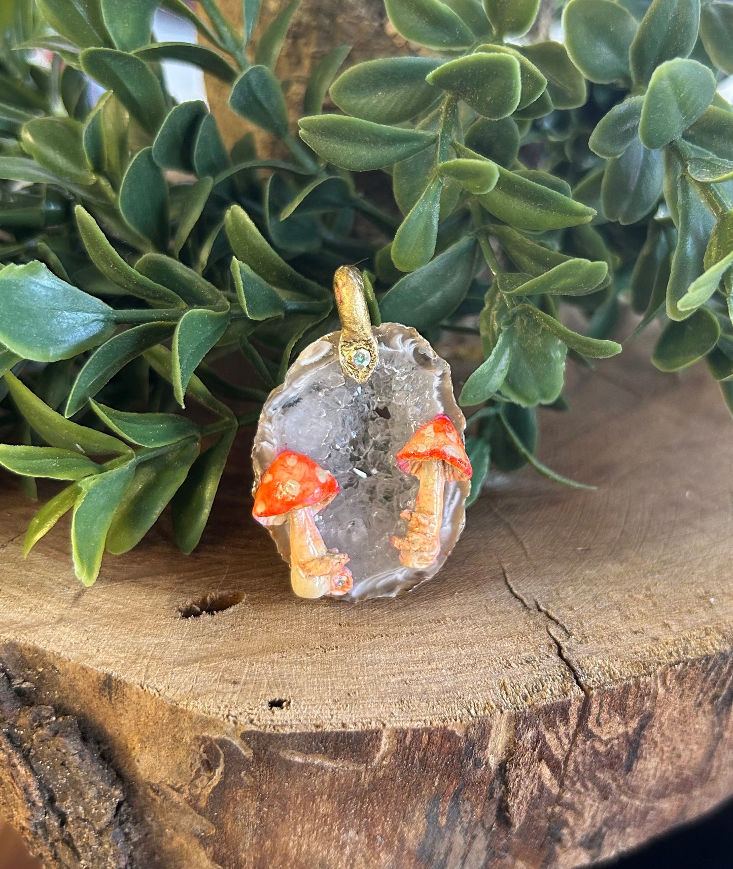 Hand sculpted mushroom/ natural geode slice pendant