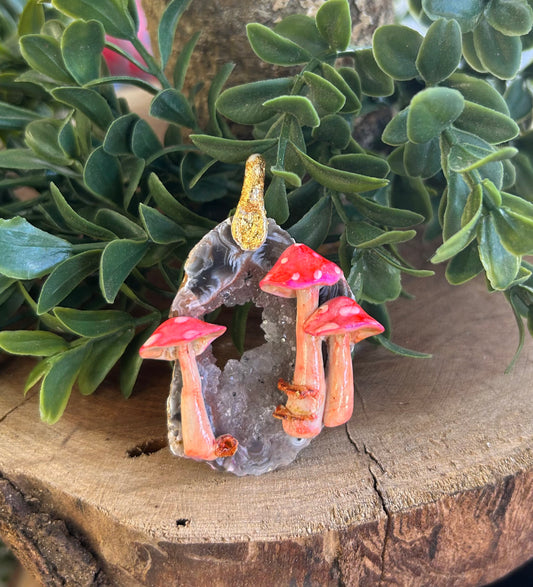 Hand sculpted mushroom/ natural geode slice pendant