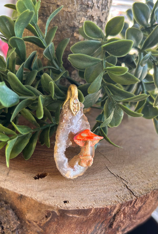 Hand sculpted mushroom/ natural geode pendant