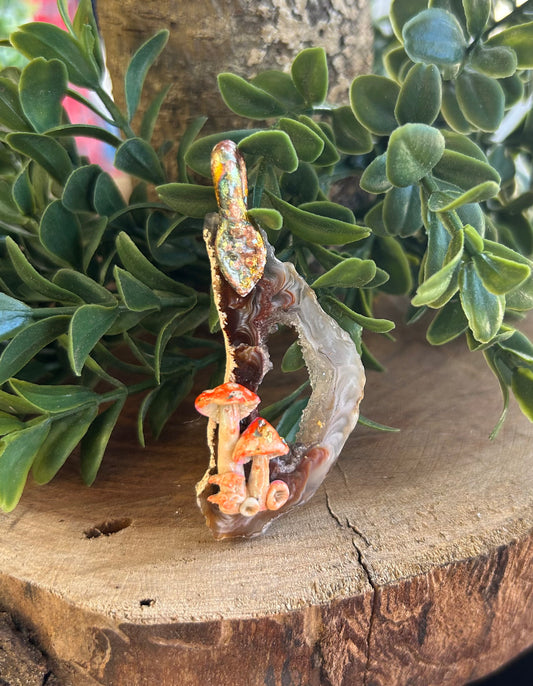 Hand sculpted mushroom/ natural geode slice pendant