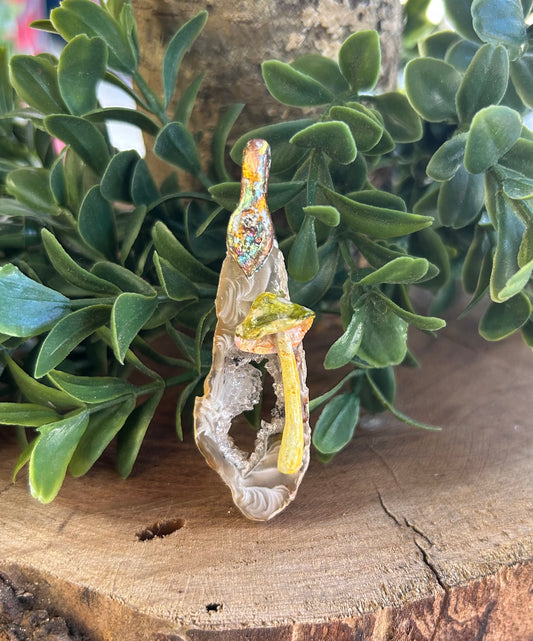 Hand sculpted mushroom/ natural geode slice pendant