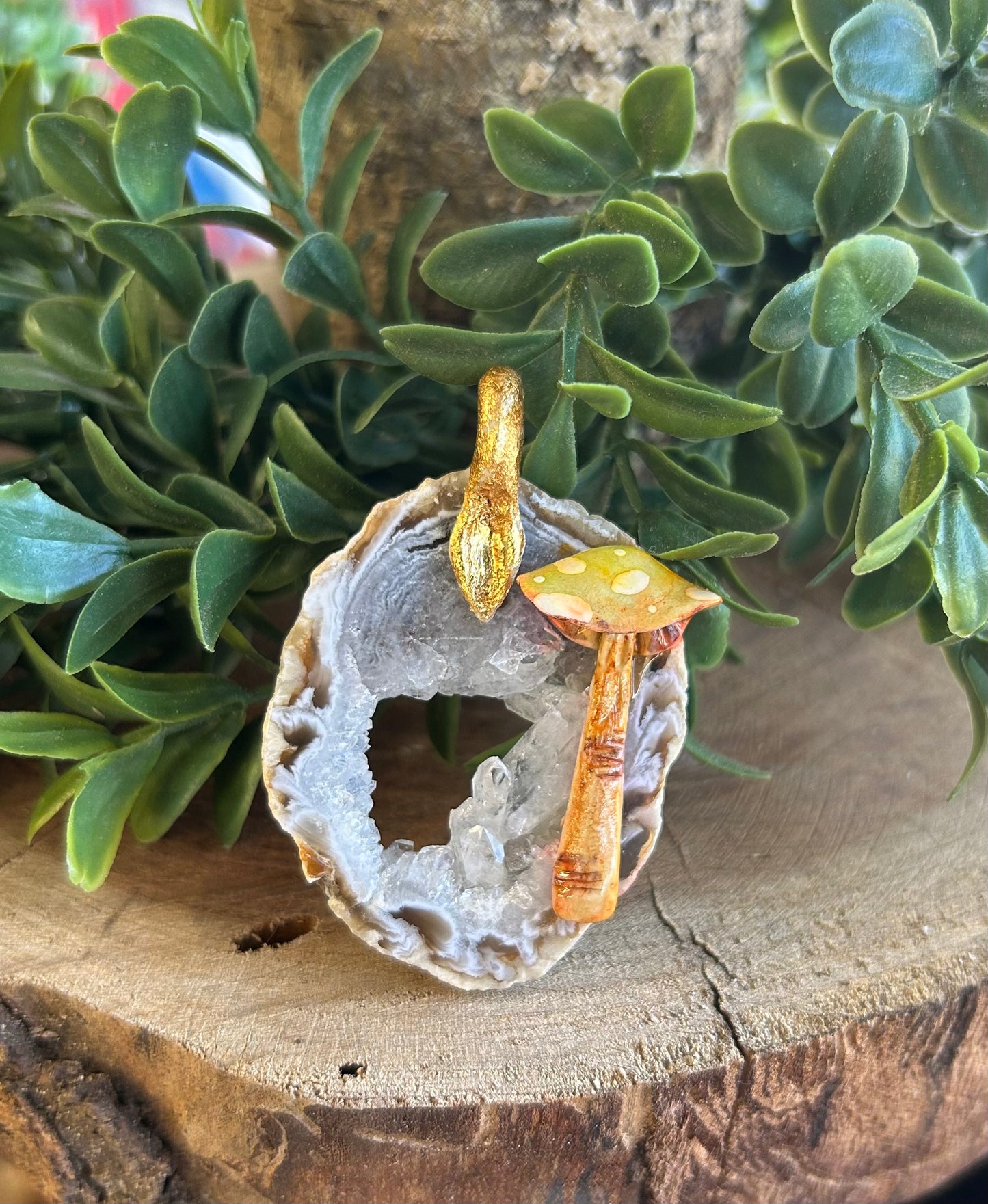 Hand sculpted mushroom/ natural geode slice pendant