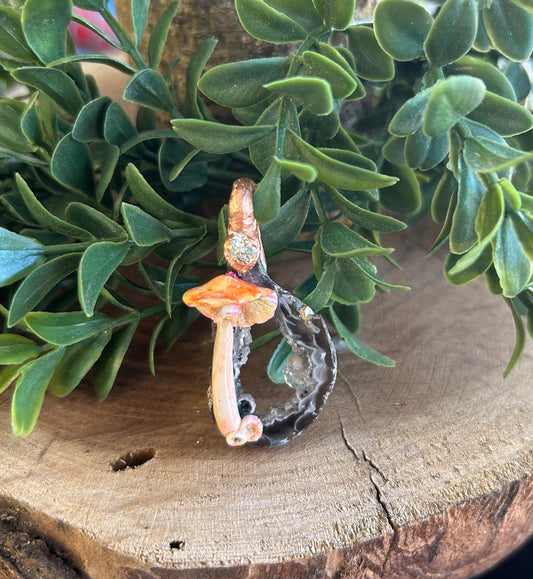 Hand sculpted mushroom/ natural geode slice pendant