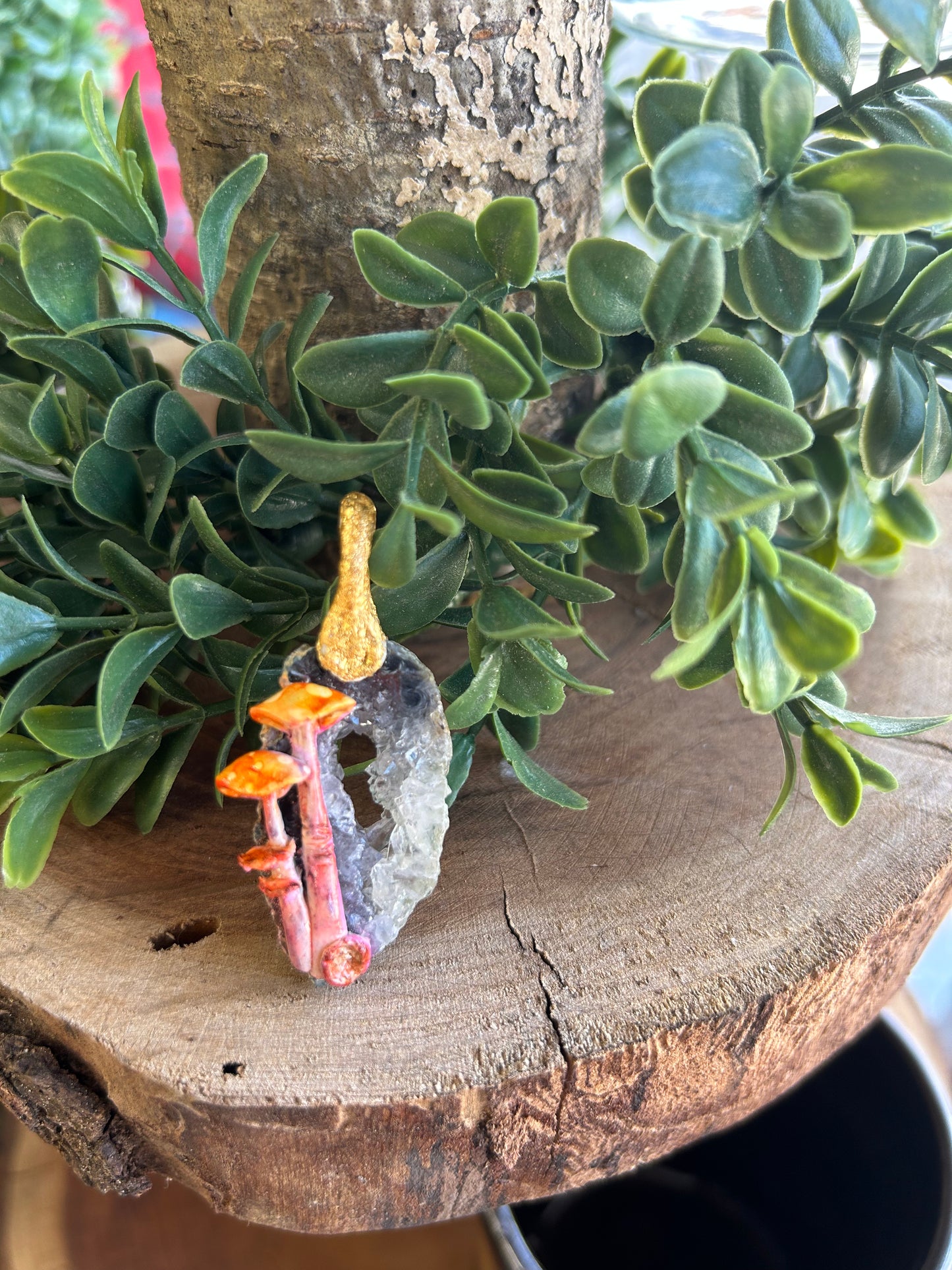 Hand sculpted mushroom/ natural geode slice pendant