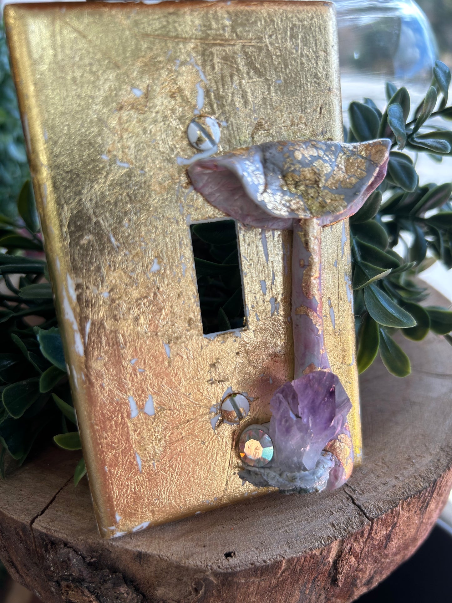 Mushroom and Amethyst switch plate cover with crystal accent