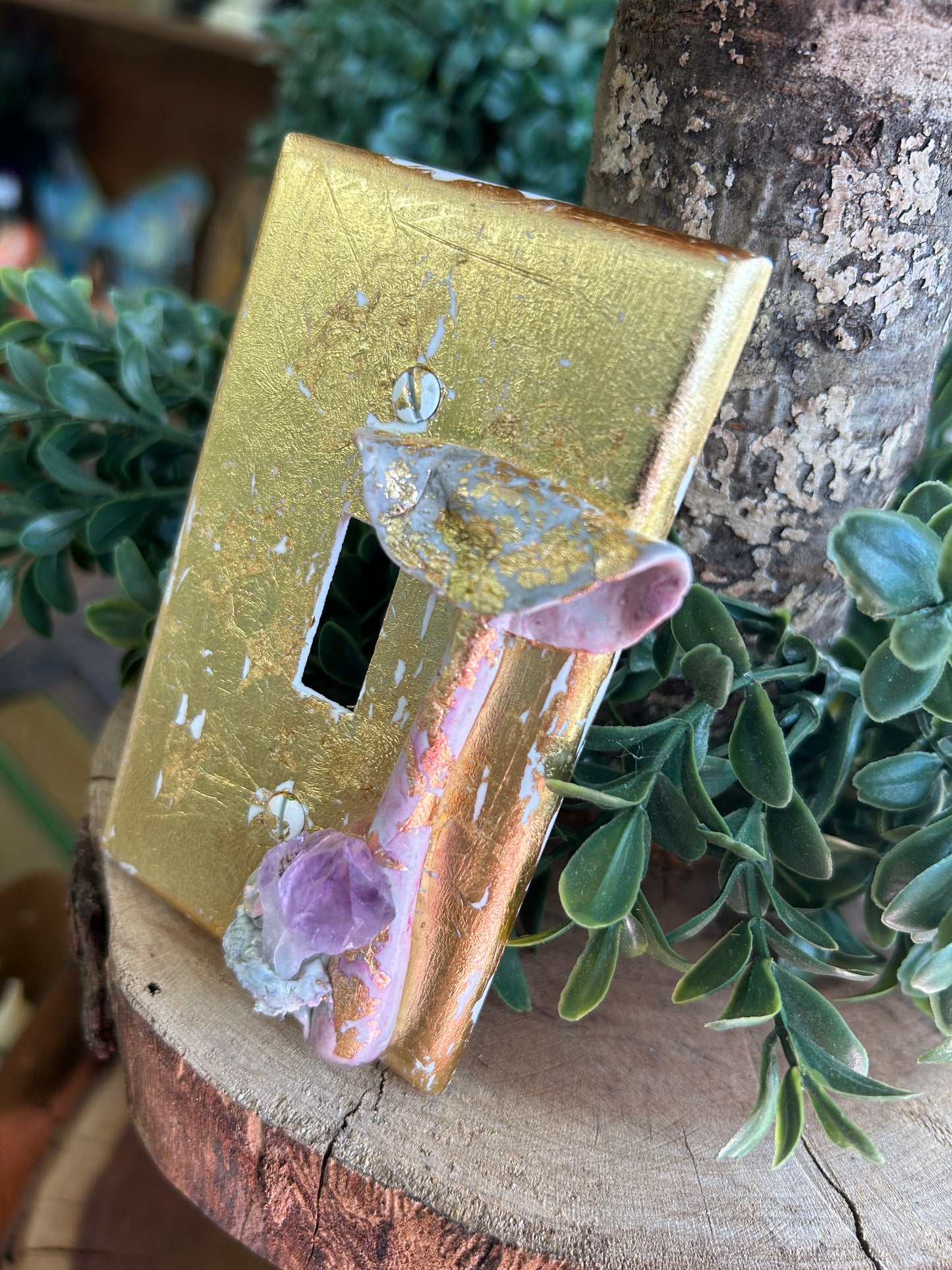 Mushroom and Amethyst switch plate cover with crystal accent